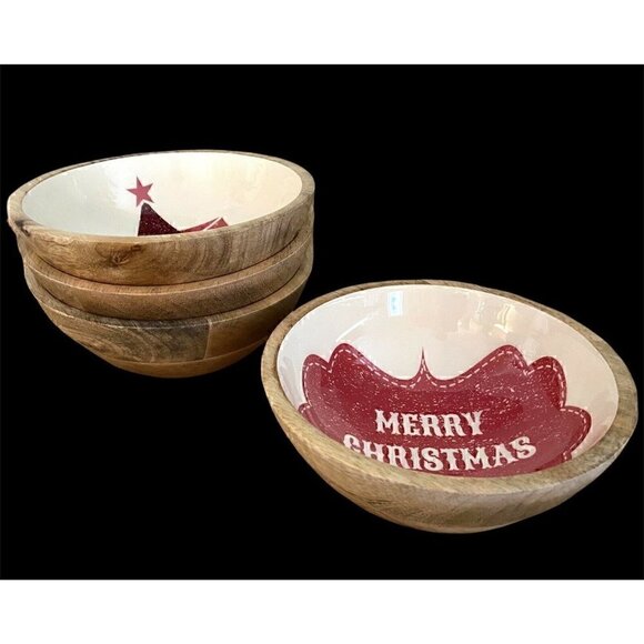 NEW Handcrafted Mango Wood Christmas Bowls Set Of 4 Vintage Inspired Designs - Picture 3 of 5
